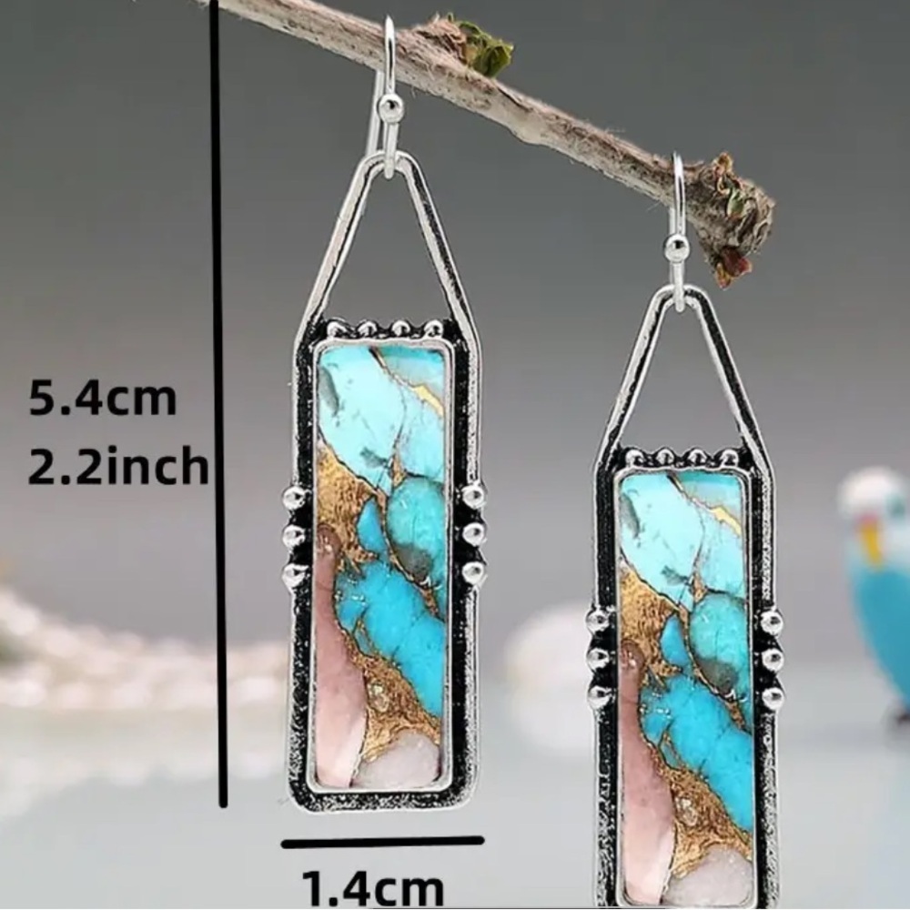 Silver Plated Turquoise & brown coloured earring - western boho - shepherd hook - Picture 2 of 2